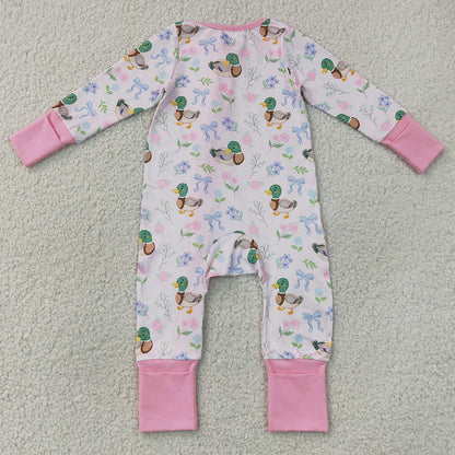 Baby Girls Rompers Flowers Ducks Hunting Two Way Ruffle Zip Convertible Rompers LR3071
