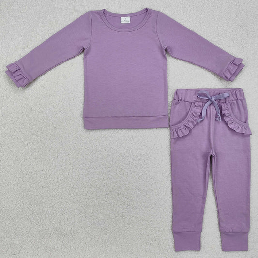 Baby Girls Clothes Lavender Top Ruffle Pockets Pants Jogger Clothes Sets GLP2260