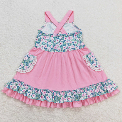 Baby Girls Dress Pink Floral Pockets Knee Length Dresses GSD0807