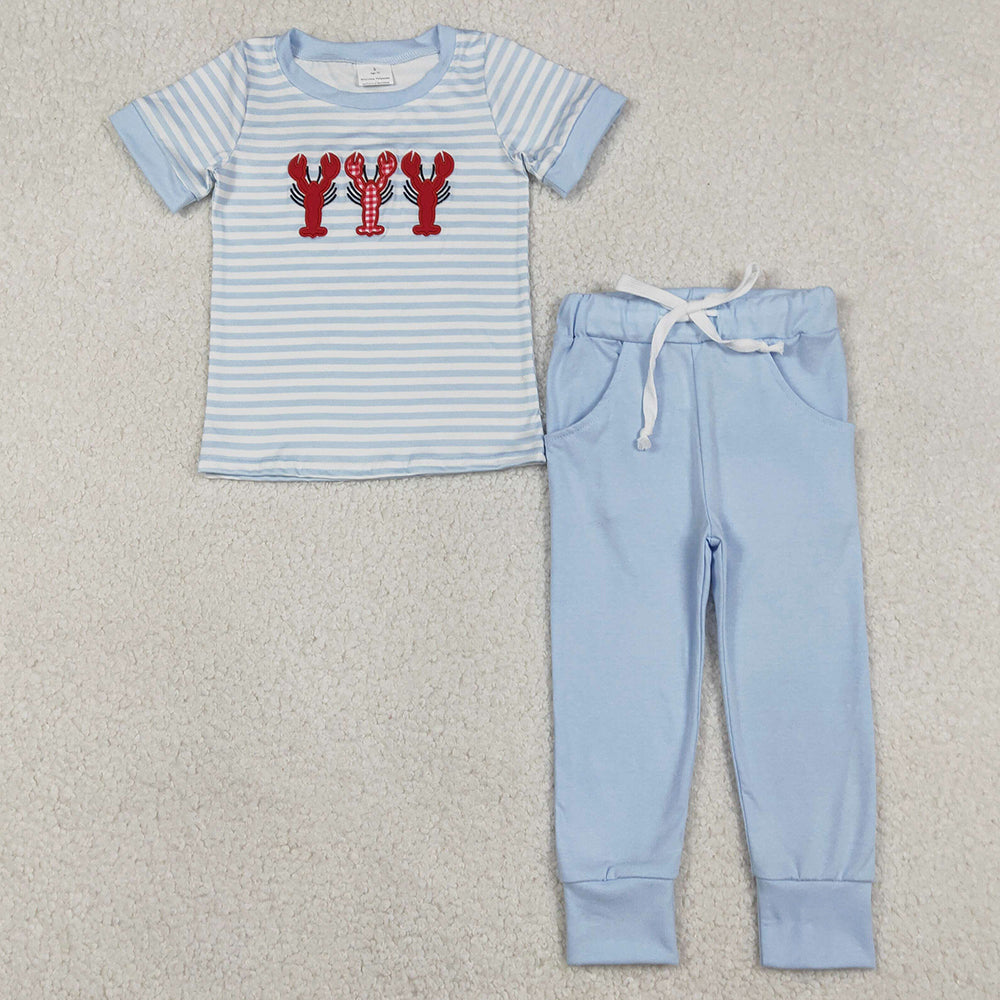 Baby Boys Embroidery Crayfishes Blue Stripe Top Pockets Leggings Clothes Sets BSPO0616 12.23