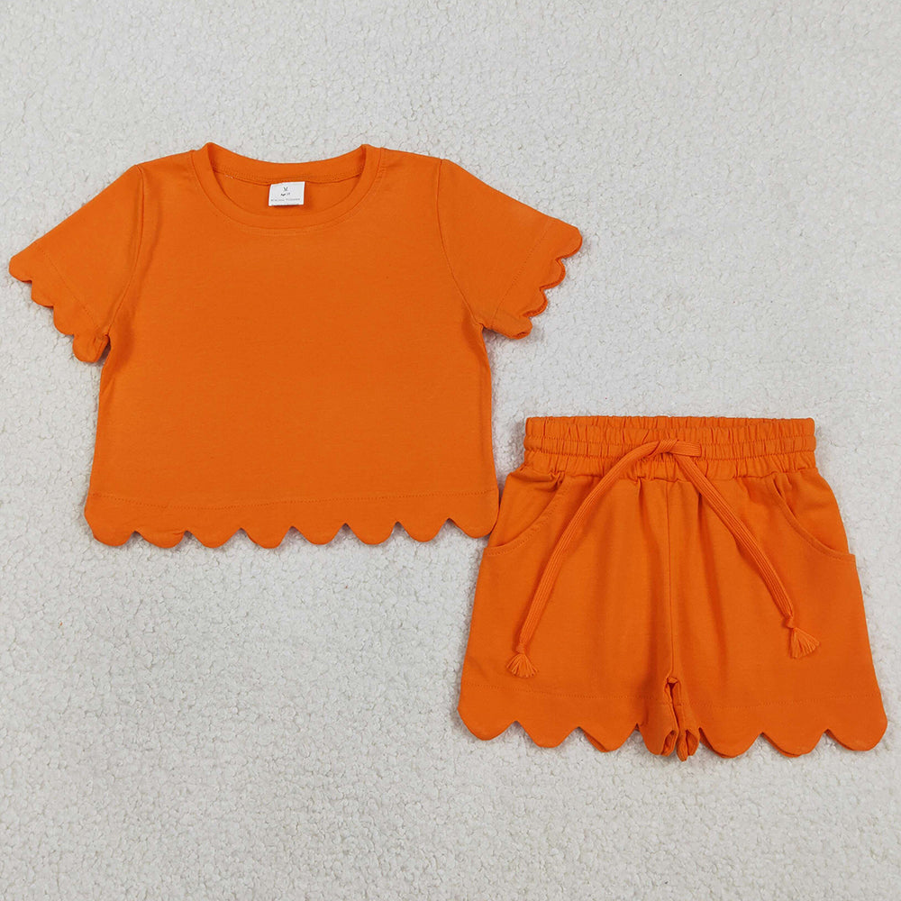 Baby Girls Clothes Short Sleeve Orange Shirts Top Scallop Shorts Clothes Sets GSSO3178