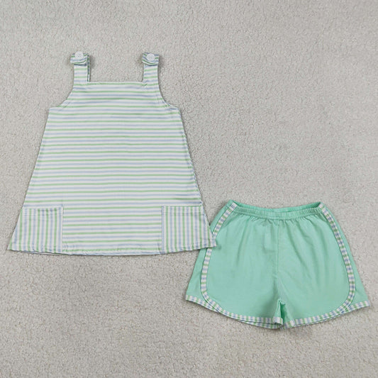Baby Girls Clothes Strap Green Stripe Pockets Tunic Shorts Clothes Sets GSSO3110