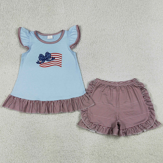 Baby Girls Clothes Embroidery Bow Flags Tunic Ruffle Shorts 4th of July Clothes Sets GSSO3278