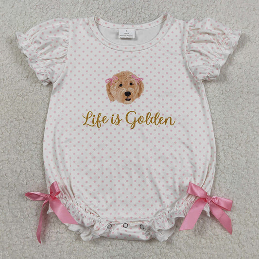 Baby Girls Clothes Pink Polka Dots Dogs Life is Golden Ruffle Rompers SR3779
