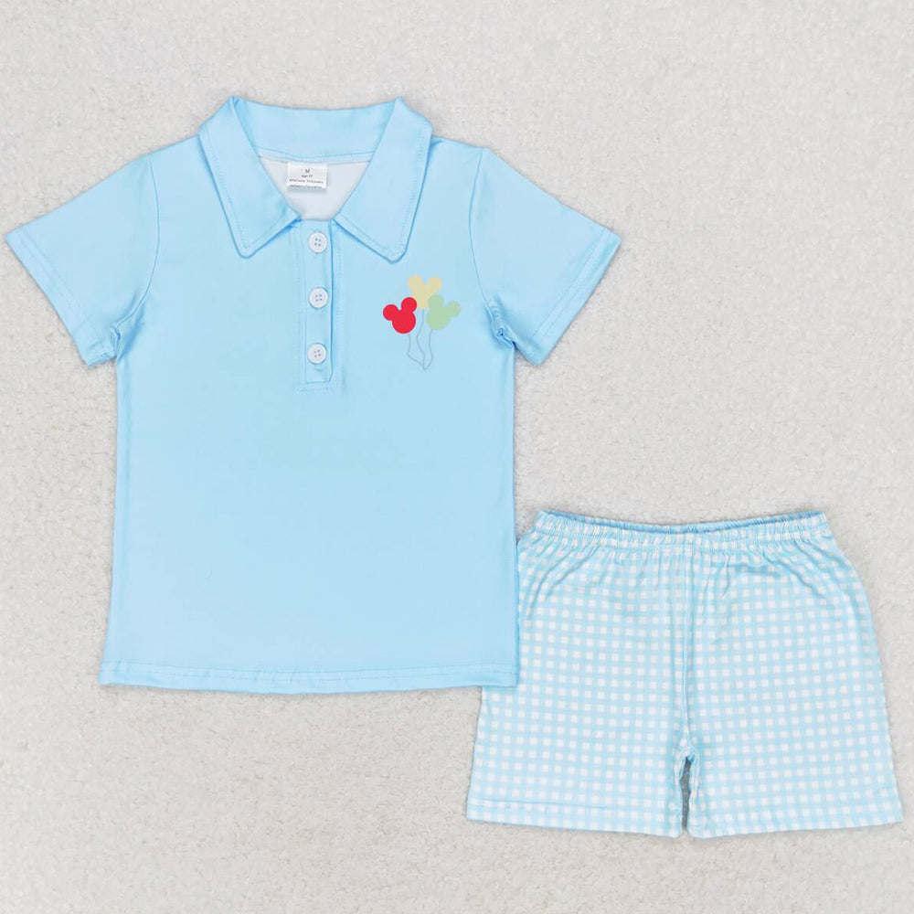 Baby Boys Clothes Blue Balloons Tee Shirt Checkered Shorts Clothes Sets BSSO0683