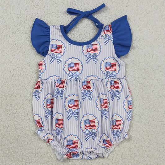 Baby Girls Rompers Flutter Sleeve Stripe Bows Flags 4th of July Ruffle Rompers SR4029