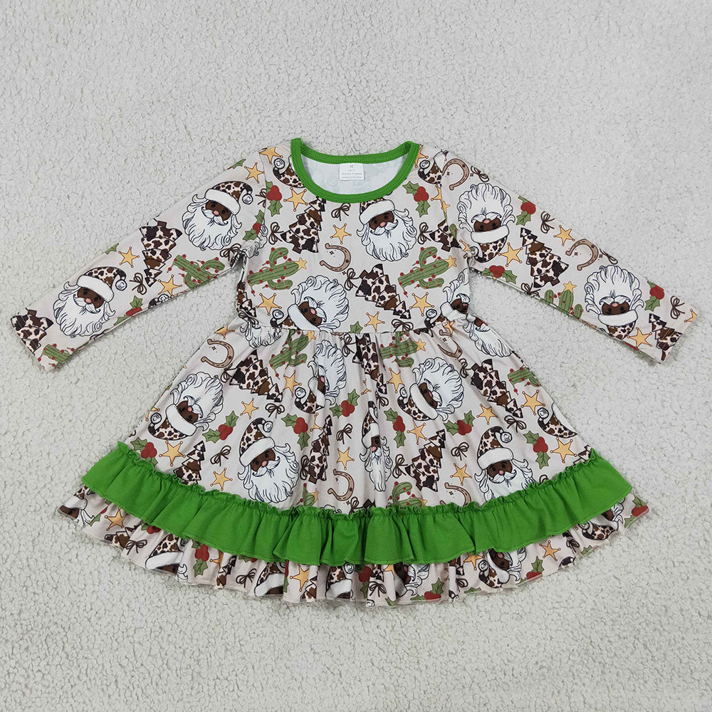 Baby Girls Clothes Christmas Western Long Sleeves Santa Cactus Ruffle Knee Length Dresses GLD1213