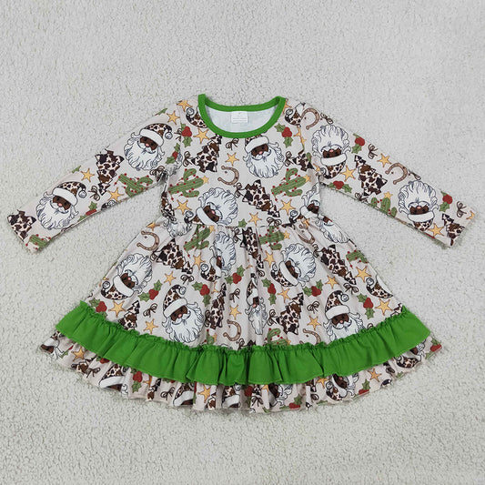 Baby Girls Clothes Christmas Western Long Sleeves Santa Cactus Ruffle Knee Length Dresses GLD1213