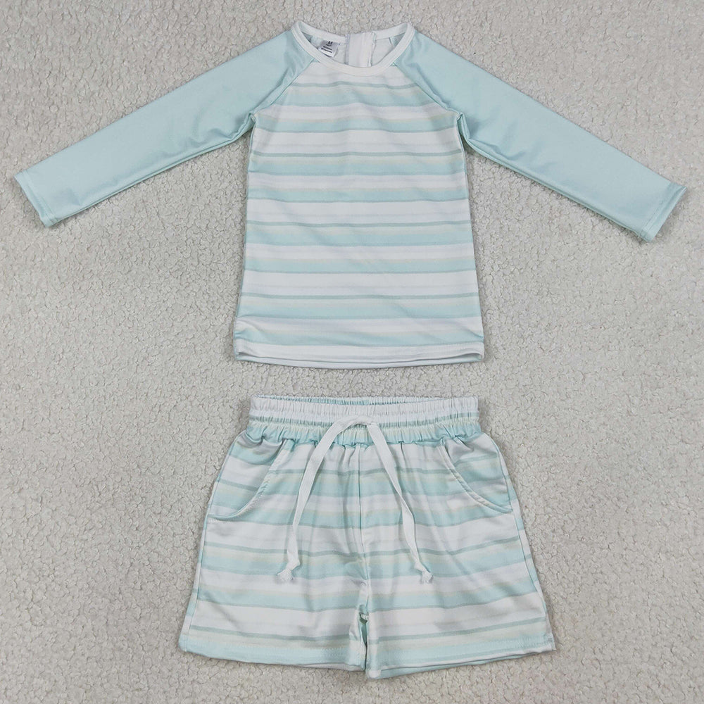 Baby Boys Swimsuits Aqua Stripe Top Pockets Shorts Swimsuits Clothes Sets S0649