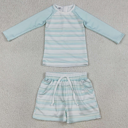Baby Boys Swimsuits Aqua Stripe Top Pockets Shorts Swimsuits Clothes Sets S0649