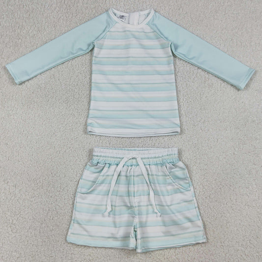 Baby Boys Swimsuits Aqua Stripe Top Pockets Shorts Swimsuits Clothes Sets S0649