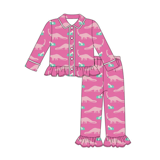 Preorder (moq 8)Baby Girls Pink Dinosaurs Button Top Ruffle Pants Western Pajamas Sets 9.6