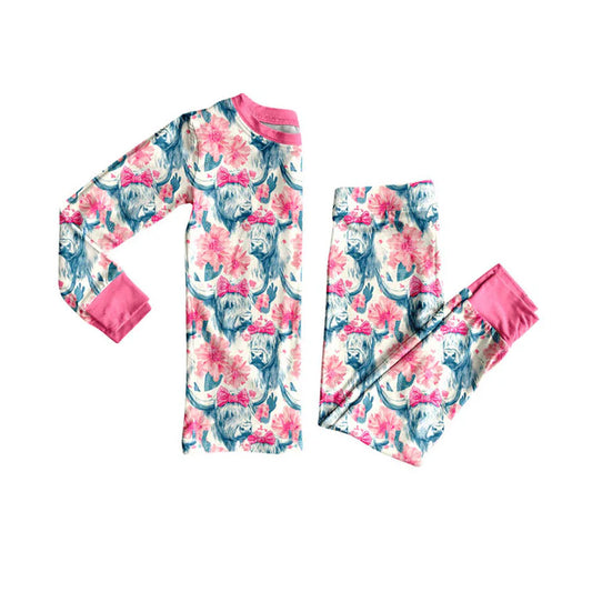 Preorder (moq 8)Baby Girls Highland Cows Flowers Top Pants Western Pajamas Sets 9.10