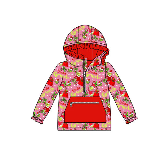 Preorder(moq 5)Baby Girls Green Faces Candy Cane Christmas Pockets Zipper Hoodie Tops 8.30