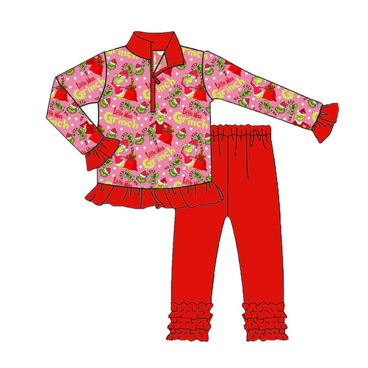 Preorder (moq 5)Baby Girls Green Faces Candy Cane Zipper Pullovers Ruffle Leggings Christmas Set 8.30