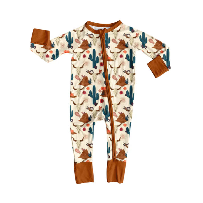 Preorder (moq 5)Baby Boys Bull Skulls Cactus Western Two Way Zip Convertible Rompers 12.6