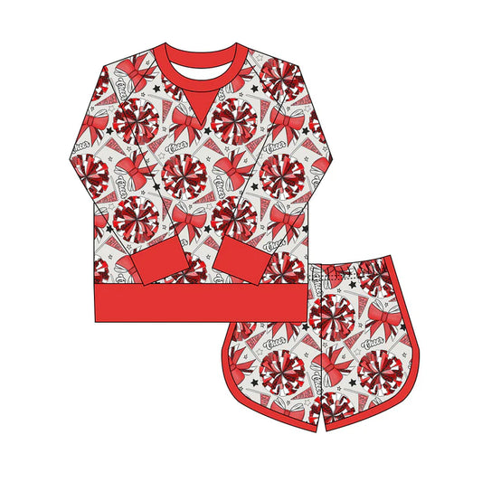 Preorder(moq 8)Baby Girls Red Bows Go Footballs Long Sleeve Top Shorts Team Clothes Set 9.27