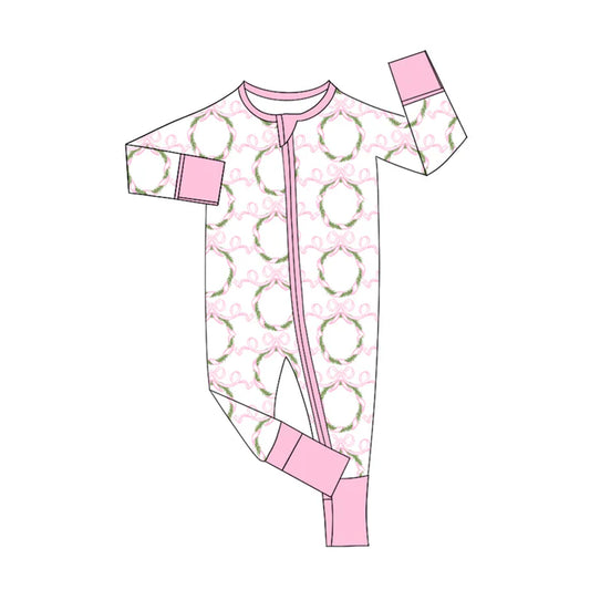 Preorder (moq 5)Baby Girls Pink Long Sleeves Bows Garland Zipper Rompers 5.16