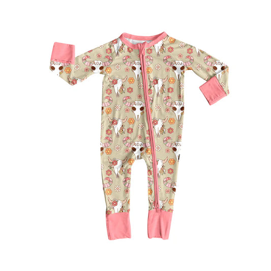 Preorder (moq 5)Baby Girls Pink Long Sleeves Flowers Bull Skull Plaid Zipper Romper 7.2