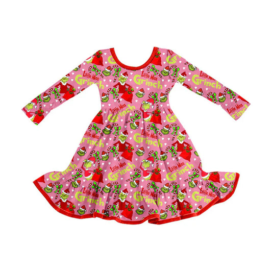 Preorder (moq 5)Baby Girls Green Faces Candy Cane Christmas Ruffle Knee Length Dresses 8.30