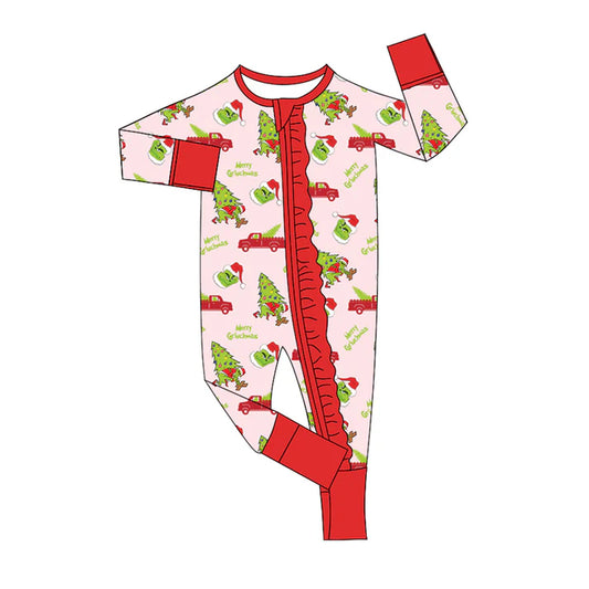 Preorder(moq 5)Baby Infant Girls Long Sleeves Christmas Trees Green Face Ruffle Zipper Rompers 7.30