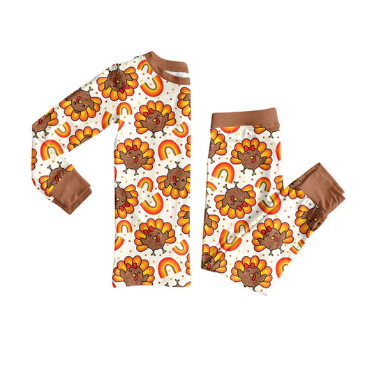 Preorder (moq 5)Baby Girls Long Sleeves Turkey Rainbows Plaid Top Pants Pajamas Set 7.28