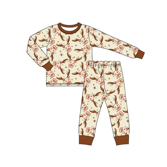 Preorder (moq 5)Baby Boys Long Sleeves Stars Deer Plaid Top Pant Pajamas Sets 6.21