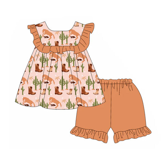 Preorder (moq 5)Baby Girls Pink Sleeveless Cactus Boots Tunic Ruffle Short Set 4.26