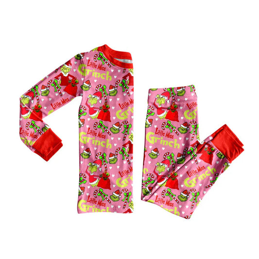 Preorder (moq 5)Baby Girls Green Faces Candy Cane Top Pants Christmas Pajamas Sets 8.30