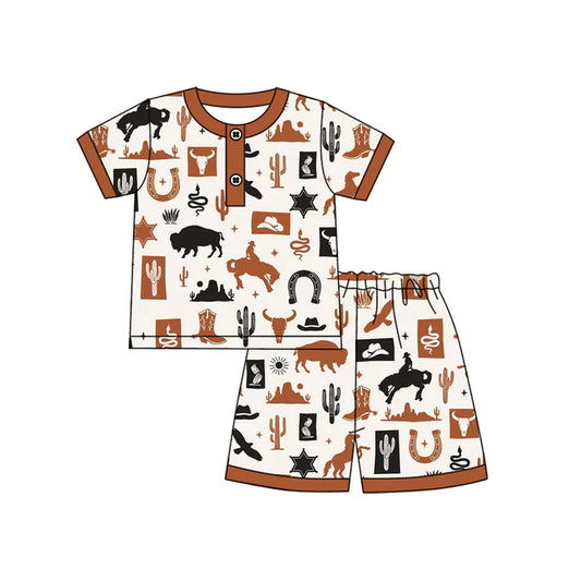 Preorder moq 5 Baby Boys Khaki Short Sleeves Horse Rodeos Button Top Short Pajamas Set 4.12