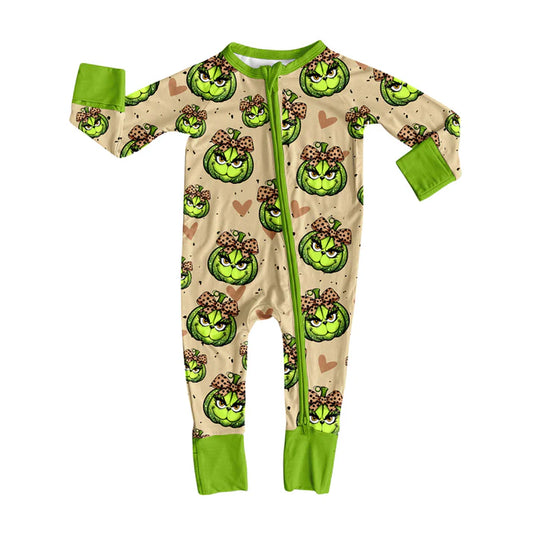 Preorder(moq 5)Baby Infant Boys Long Sleeves Green Face Pumpkins Christmas Zipper Rompers 7.30