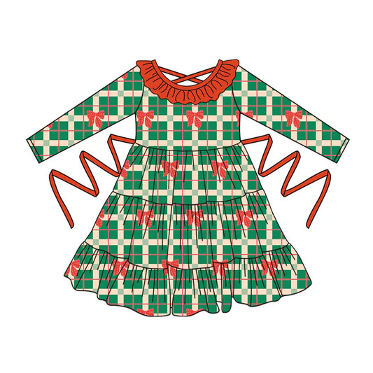Preorder moq 5 Baby Girls Green Plaid Long Sleeves Red Bows With Belt Ruffle Knee Length Dresses 5.2