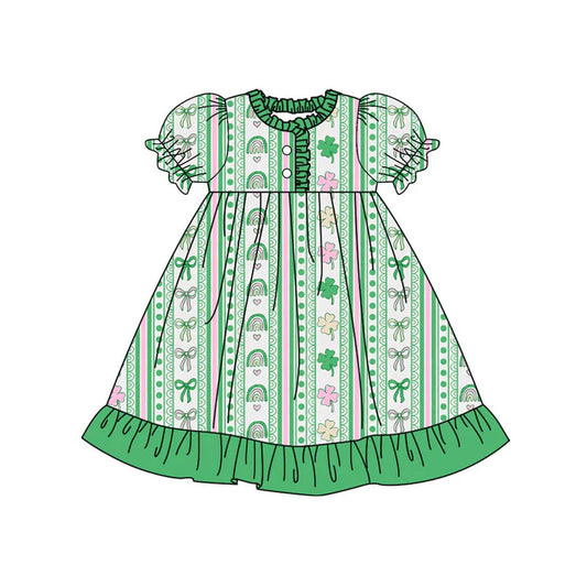 Preorder (moq 8)Baby Girls Green Clovers Stripe Button Ruffle St Patrick Knee Length Dresses 9.15