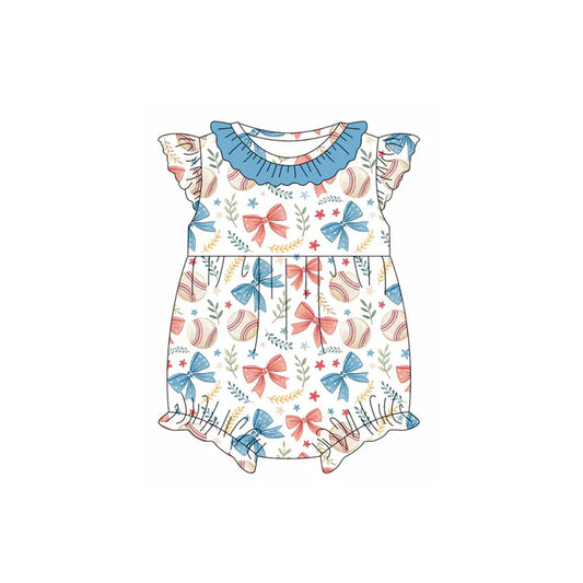 Preorder moq 5 Baby Girls Flutter Sleeves Floral Bows Baseballs 4th Of July Ruffle Rompers 4.17