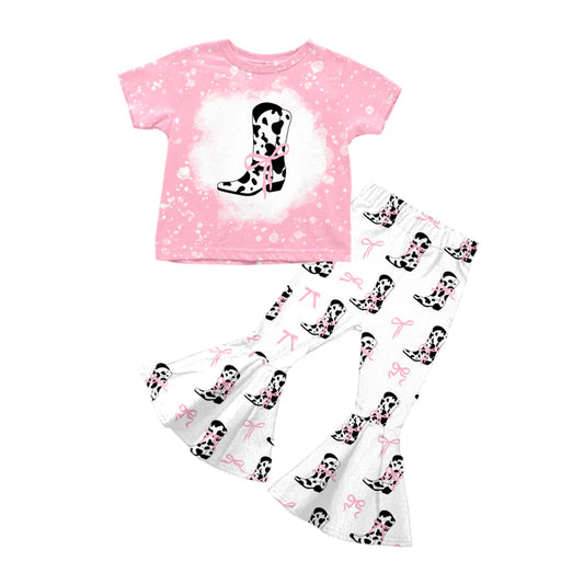 Preorder (moq 5)Baby Girls Pink Short Sleeves Cow Print Boot Bows Top Bell Bottom Pant Set 5.12