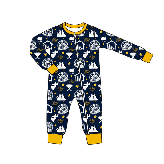 Preorder moq 5 Baby Infant Boys Navy Long Sleeves Stars Nativity Plaid Zipper Romper 7.15