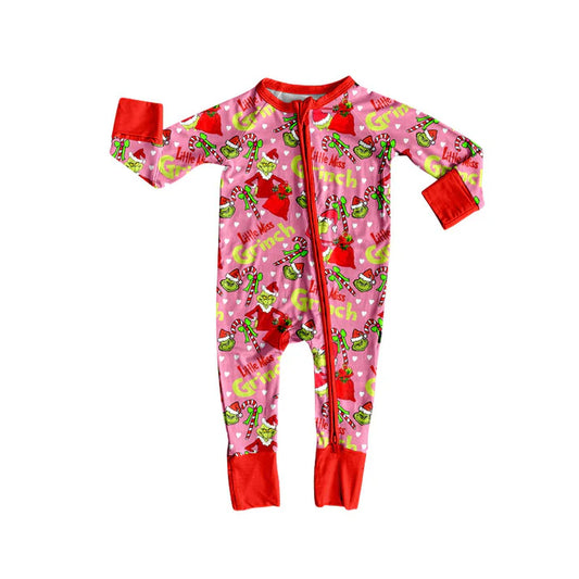 Preorder(moq 5)Baby Girls Green Faces Candy Cane Christmas Zipper Footie Rompers 8.30