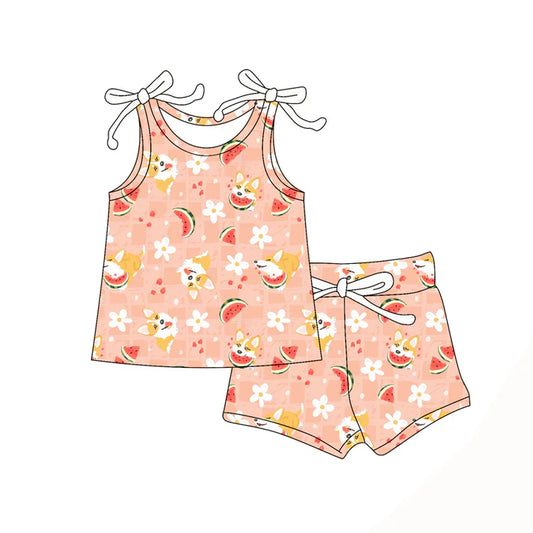 Preorder moq 5 Baby Girls Bows Sleeveless Dogs Watermelon Top Short Set 4.16