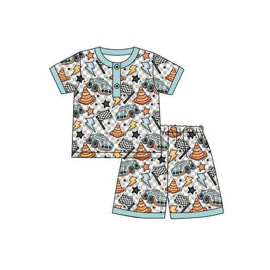 Preorder moq 5 Baby Boys Blue Short Sleeves Cars Flags Button Top Short Pajamas Set 4.12