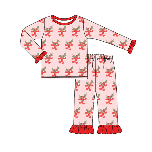 Preorder (moq 5)Baby Girls Pink Long Ruffle Sleeves Bows Holly Top Pant Pajamas Set 6.20