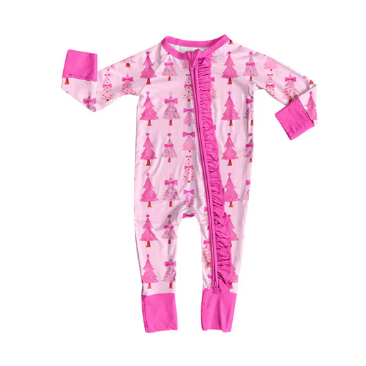 Preorder(moq 5)Baby Girls Christmas Pink Trees Zipper Footie Rompers 8.12