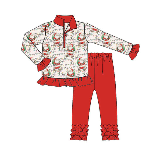 Preorder (moq 5)Baby Girls Santa Lights Plaid Zipper Pullovers Ruffle Leggings Christmas Set 8.30