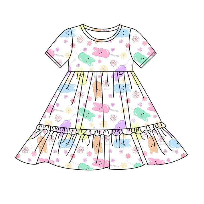 Preorder(moq 8)Baby Girls Colorful Flowers Rabbits Candy Easter Ruffle Knee Length Dresses 9.25