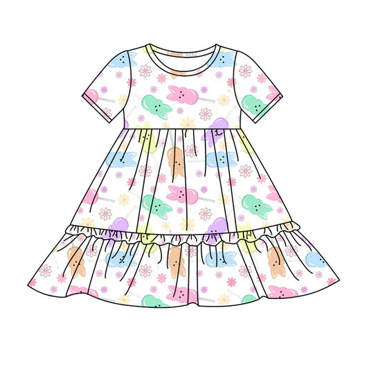 Preorder(moq 8)Baby Girls Colorful Flowers Rabbits Candy Easter Ruffle Knee Length Dresses 9.25