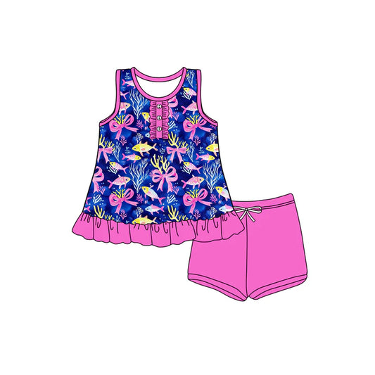 Preorder moq 5 Baby Girls Sleeveless Sea World Button Tunic Pink Short Set 4.17