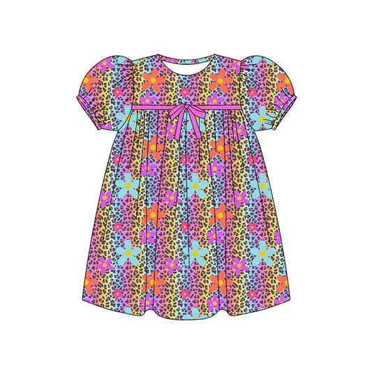 Preorder (moq 5)Baby Girls Short Ruffle Sleeves Colorful Leopard Flowers Knee Length Dresses 5.24