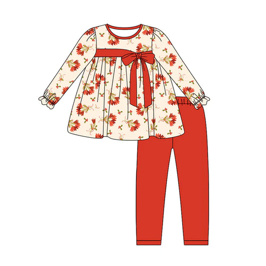 Preorder (moq 5)Baby Girls Long Ruffle Sleeves Red Leaves Bows Tunic Legging Pants Sets 5.28