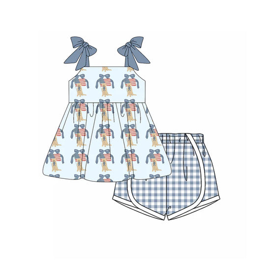 Preorder moq 5 Baby Girls Hot Blue Strap Flags Dogs Tunic Plaid Short 4th Of July Set 4.15