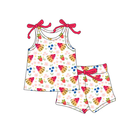 Preorder (moq 5)Baby Girls Bows Sleeveless Watermelon Flowers Vest Top Shorts Set 6.2