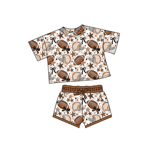 Preorder(moq 5) Baby Girls Khaki Checked Stars Footballs Top Pockets Shorts Team Clothes Sets 10.4